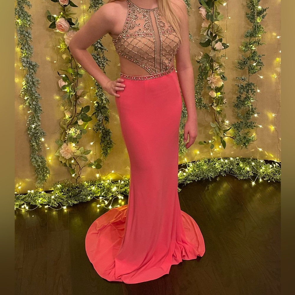 045 Pink cut out halter gown